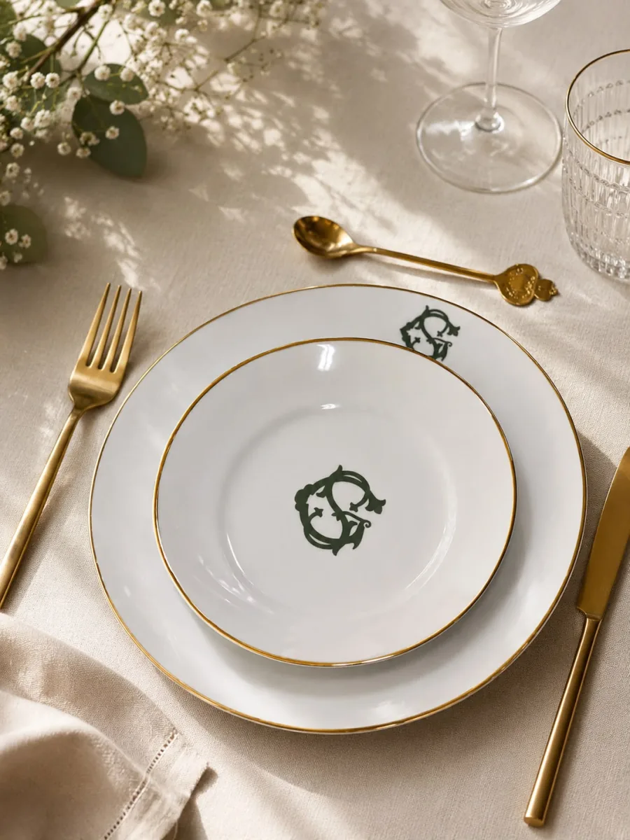 Prato raso e prato de sobremesa com monograma verde e friso de ouro, talheres dourados e flores brancas em mesa posta clara